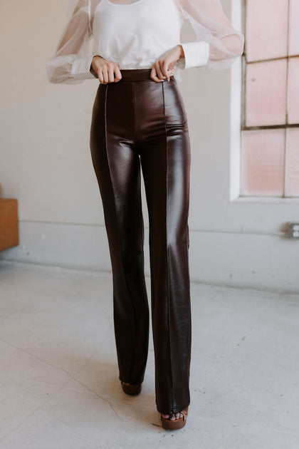 The Luna High Waist Faux Leather Trousers In Chocolate